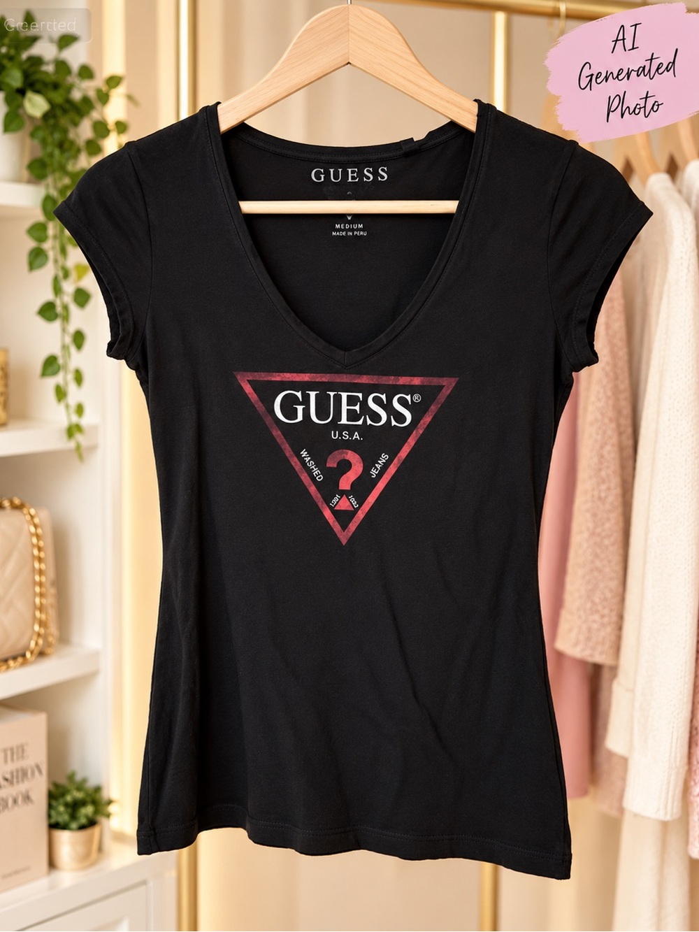 Guess Black V-Neck Short Sleeve Logo Tee with Red Triangle